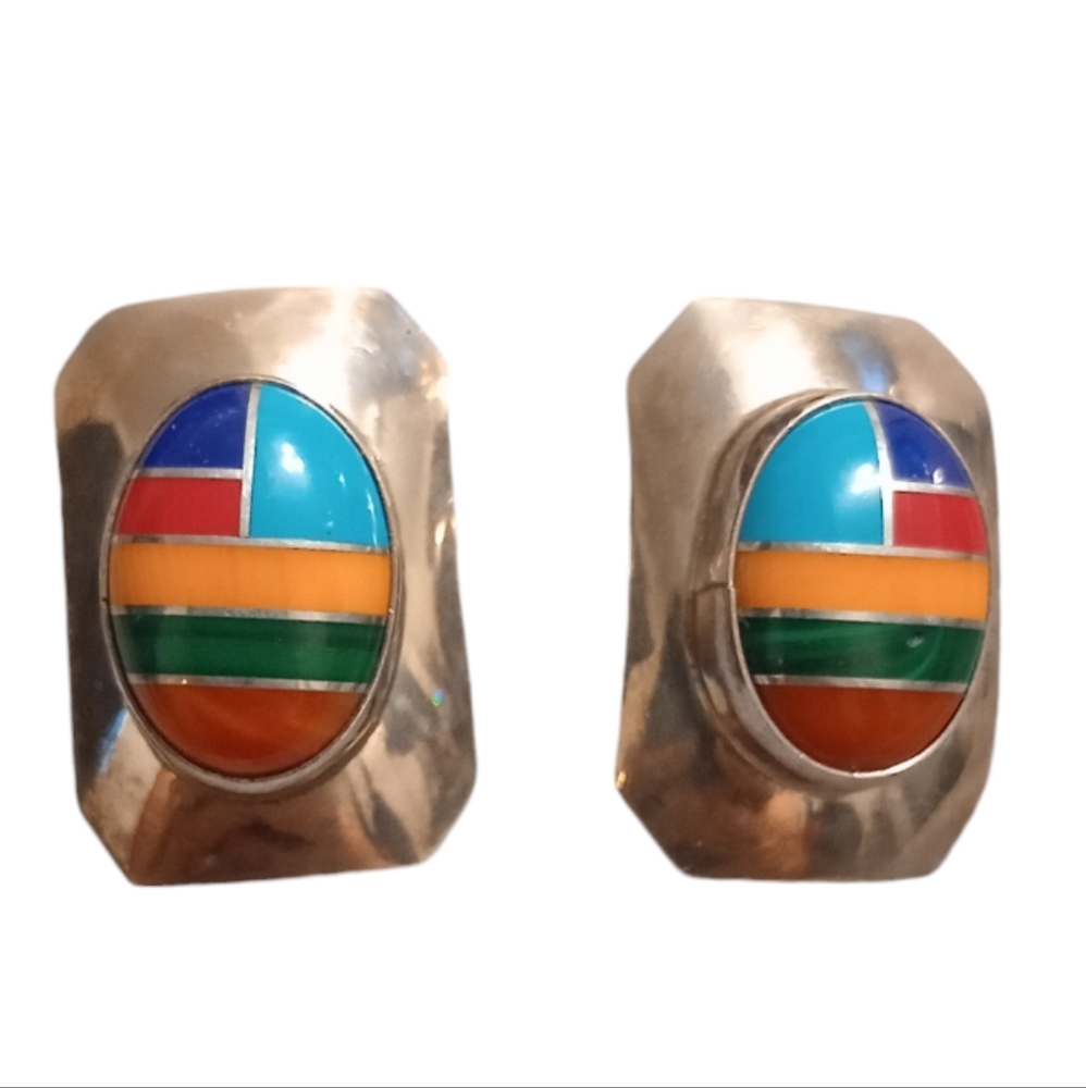 Stamped Sterling Silver Earrings Navajo Stone Inlay Mosaic Southwestern